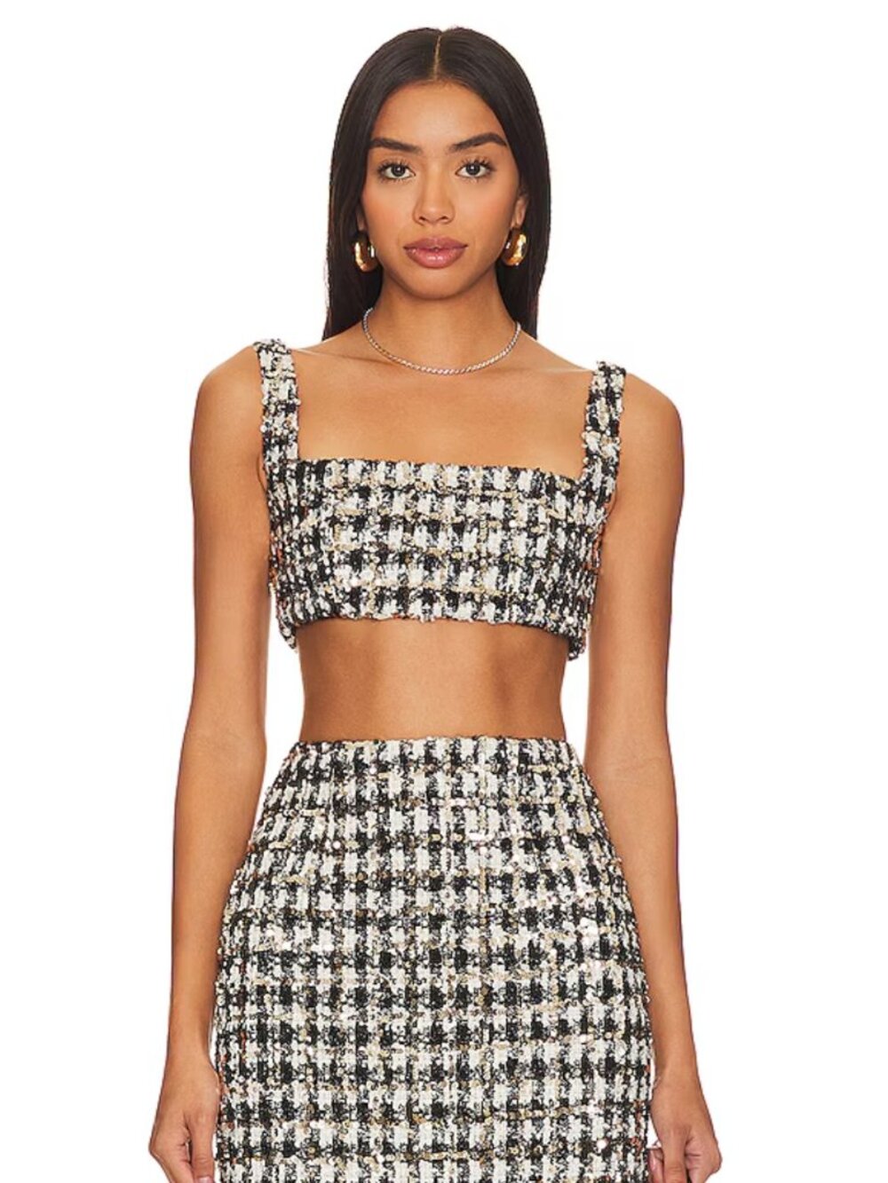 NEW Sau Lee Amelia Tweed Sequined Cropped Top in Black Multi